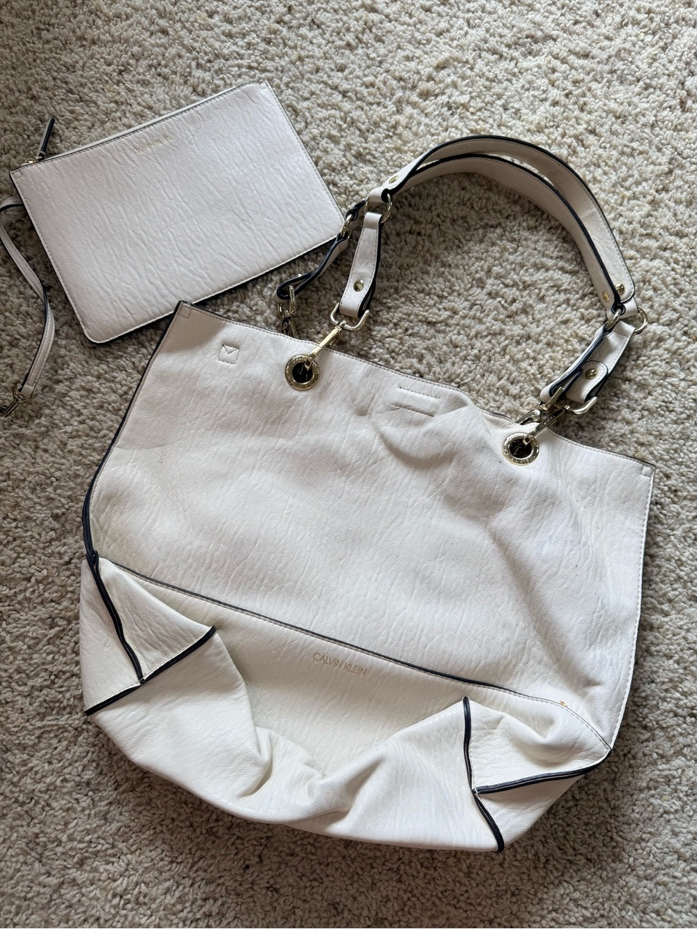 Calvin Klein White Faux Leather Reversible Tote Bag with Matching Pouch